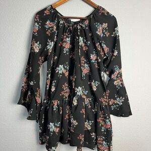 Altar'd State Tiered Peplum Floral Print Tunic Bell Sleeve V Neck Tie‎ Neck Lg